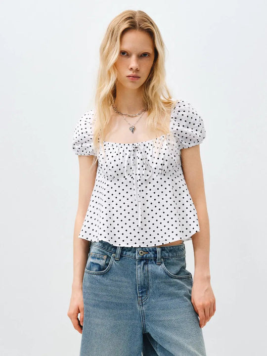 White Polka Dot Puff Sleeve Cotton Blouse