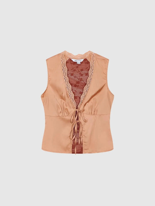 V-neck Lace Panel Tie Front Cami Top