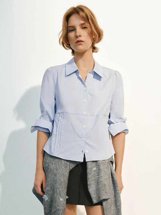 Light Blue Embroidered Pleated Cotton Shirt