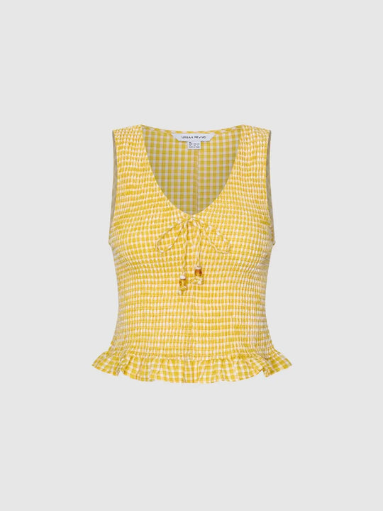 Smocked Beaded Tie-Front Gingham Ruffle Hem Sleeveless Top