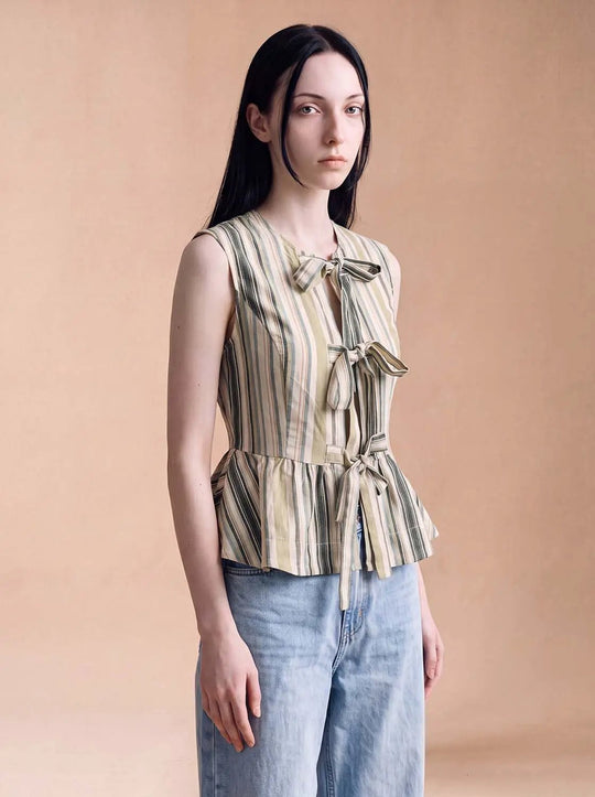 Striped Tie-Front Peplum Sleeveless Shirt