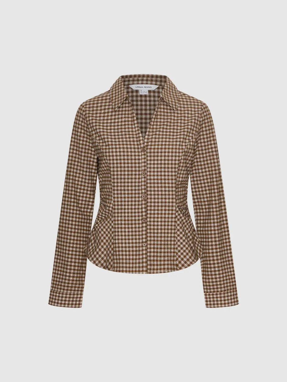 Button-front shirt with brown and white gingham, collared, long sleeves, Urban Revivo Fashion