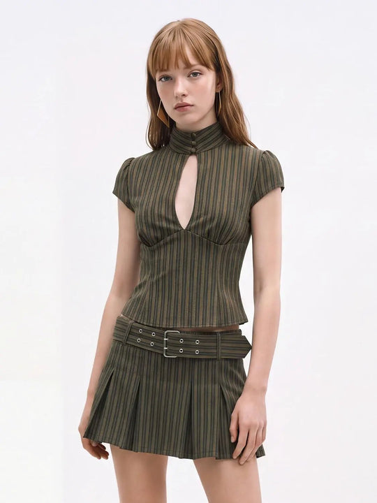 Striped Keyhole Mock Neck Short Sleeve Blouse