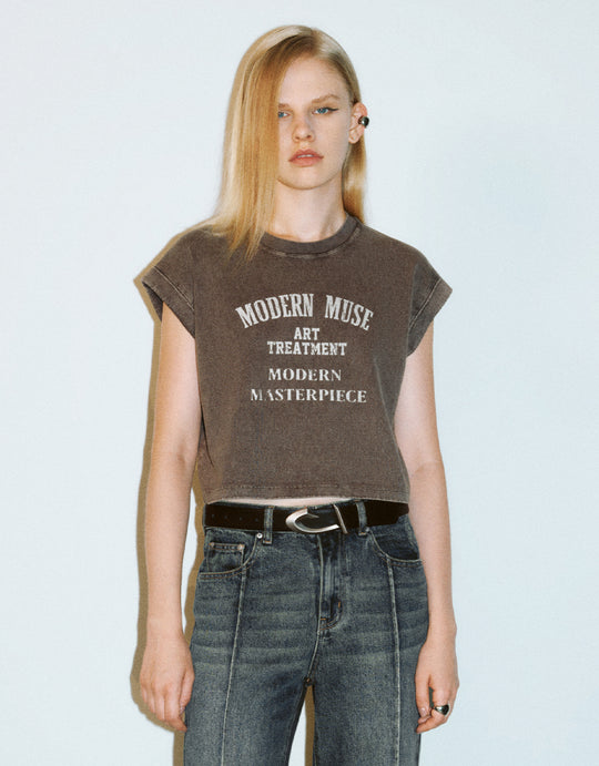 Ärmelloses T-Shirt mit Rundhalsausschnitt und Buchstaben-Print