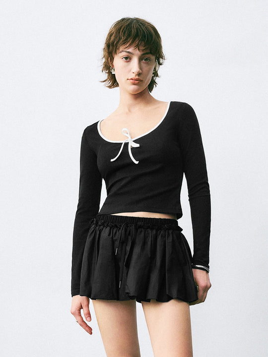 Bow Décor U-Neck Skinny T-Shirts