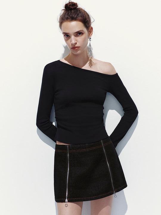 T-shirt a manica lunga con spalla unica arricciata