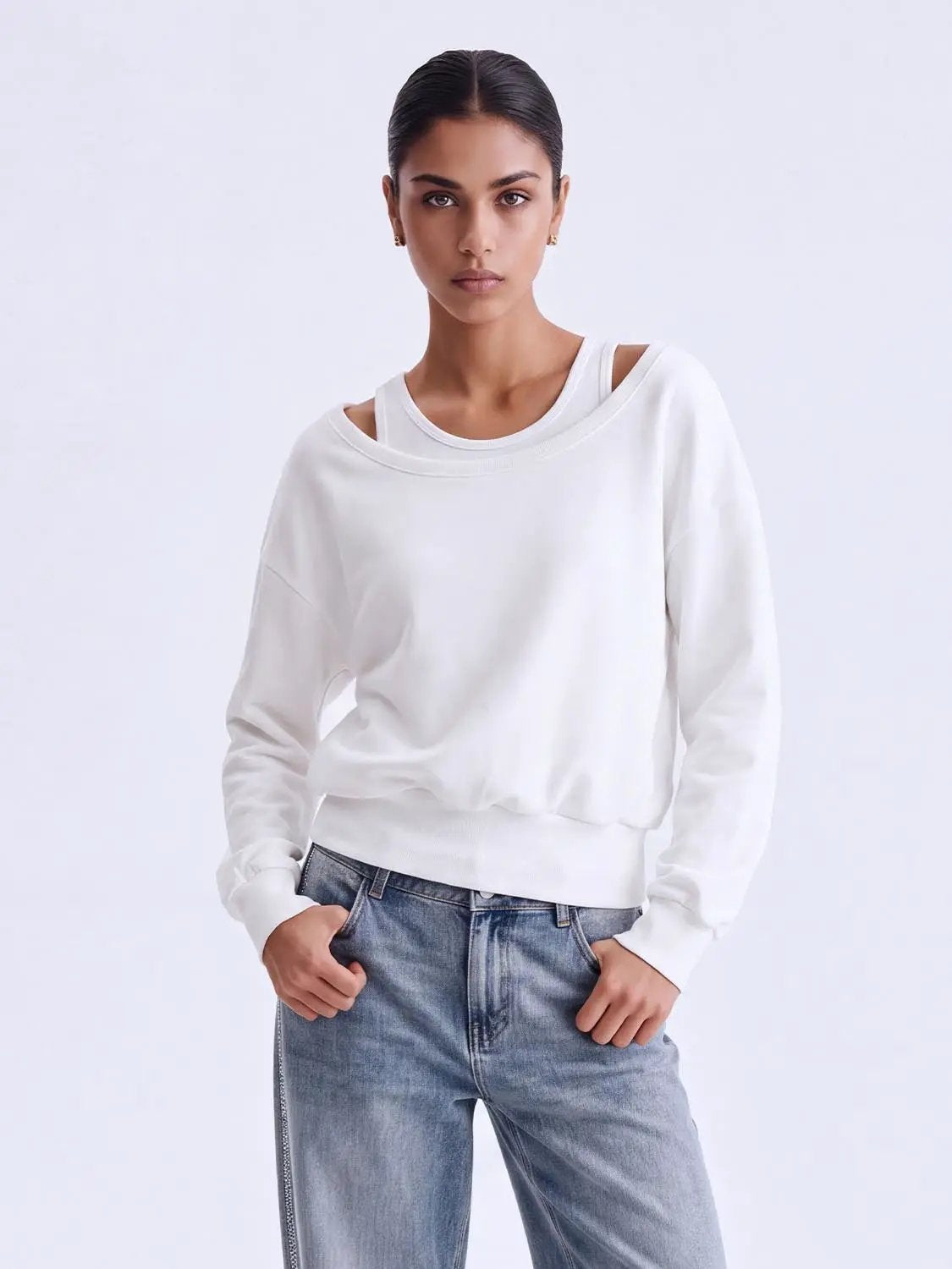 Urban Revivo Fashion white 2-in-1 off-shoulder long-sleeve ribbed-hem sweatshirt