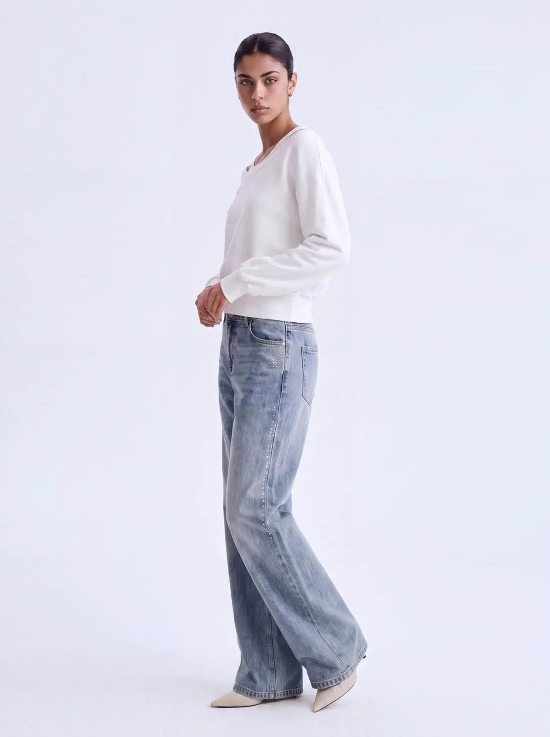 2-In-1 Off Shoulder Long Sleeve Ribbed Hem Sweatshirt by Urban Revivo Fashion in white.