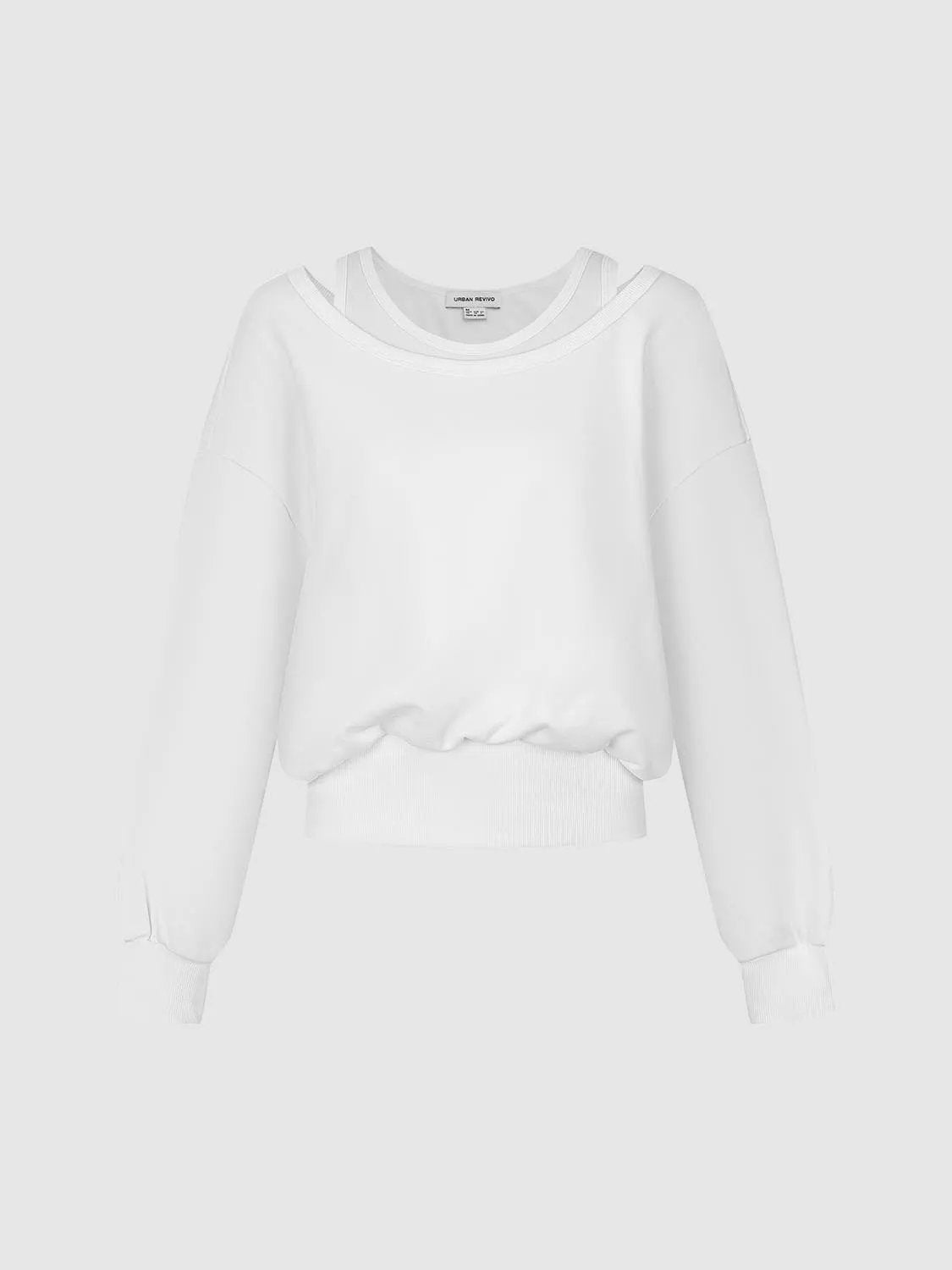 2-In-1 Off Shoulder Long Sleeve Ribbed Hem Sweatshirt in white by Urban Revivo Fashion