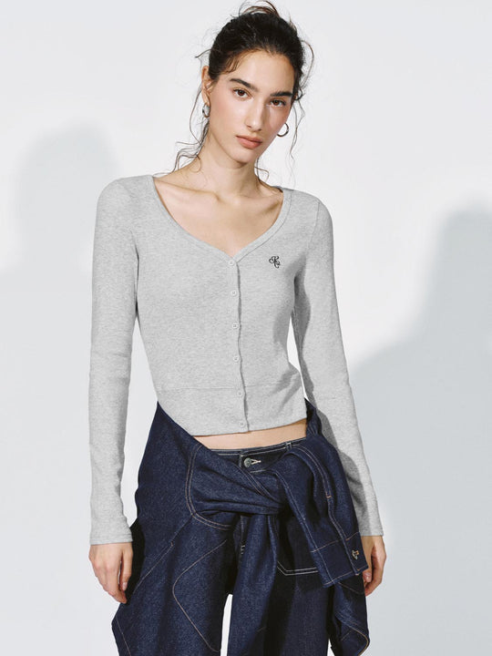 V-Neck Embroidered Slim Fit Long Sleeve Knitted T-Shirts