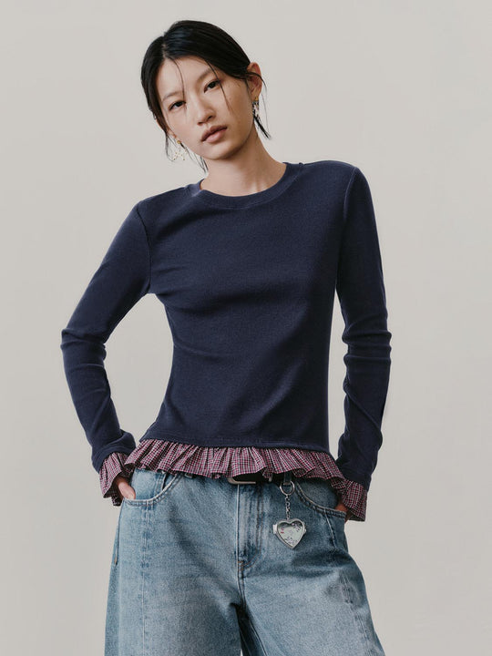 2 In 1 Contrast Ruffle Trim Long Sleeve T-Shirts