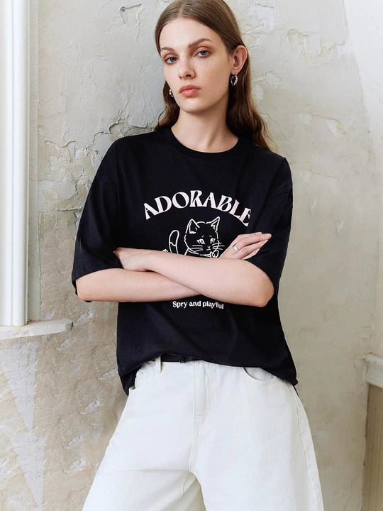 Cat Graphic Casual Top Soft Comfort Easy Care T-Shirts
