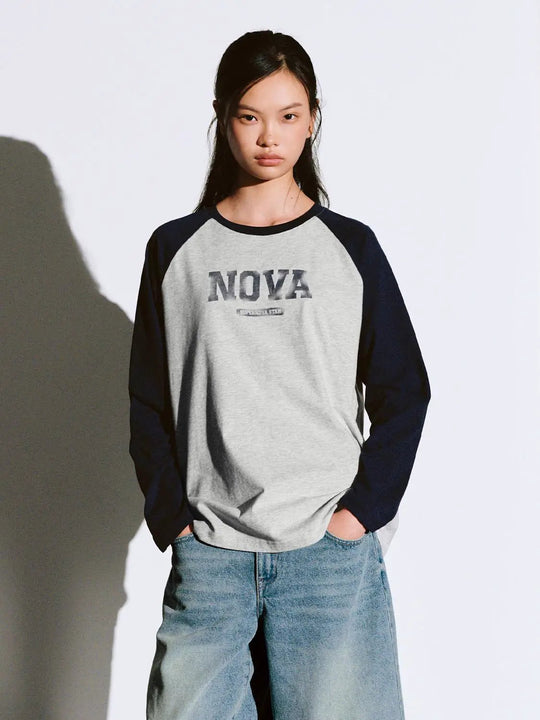 Cotton Printed Contrast Raglan Long Sleeve T Shirt