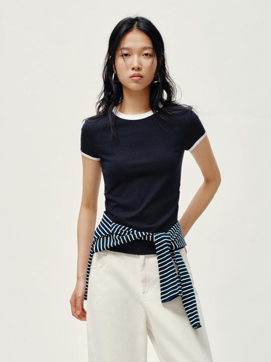 Contrast Crew Neck Nipped Waist T-Shirts