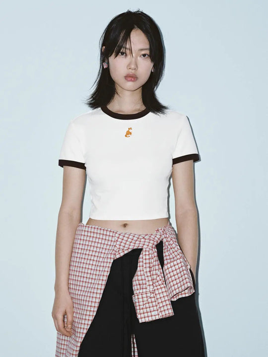 Contrast Trim Embroidered Logo Crop T-Shirts