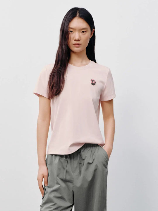 Embroidered Chest Floral Cotton Blend T Shirt