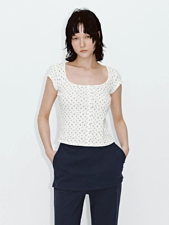 Cotton Square Neck Printed Top With Button Detail T Shirt