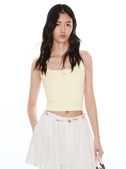 Cotton Blend Embroidered Square Halter Neck Tank Top