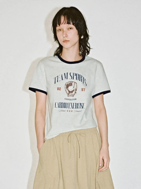 Graphic Vintage Sports Print Contrast Trim Everyday Comfort T-Shirts