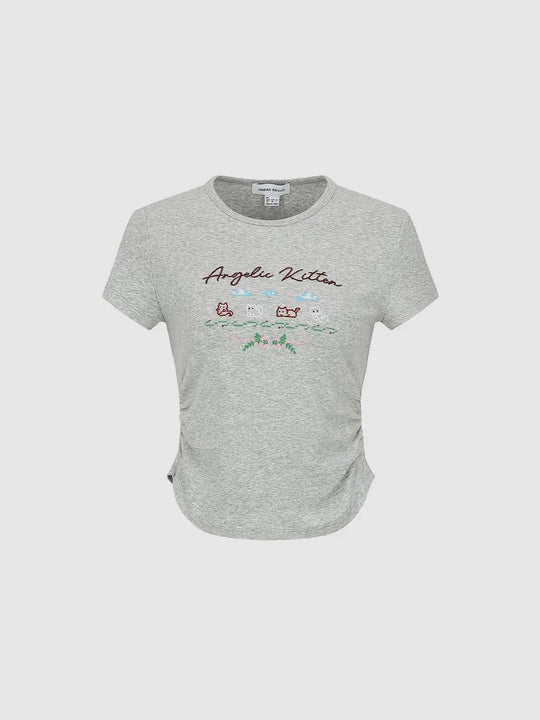 Printed Crew Neck Nipped-Waist T-Shirts