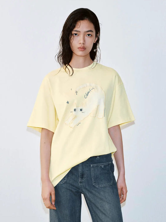100% Cotton Cat Print Boxy Short Sleeve T-Shirts