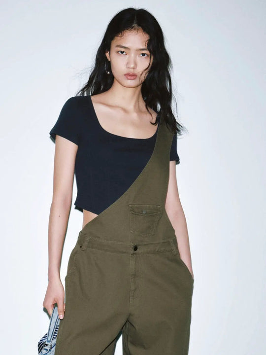 Square Neck Seamed Skinny Fit Cropped Cotton T Shirts
