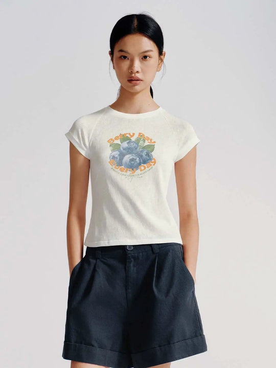 Cotton Blend Berry Day Print Slim T Shirt