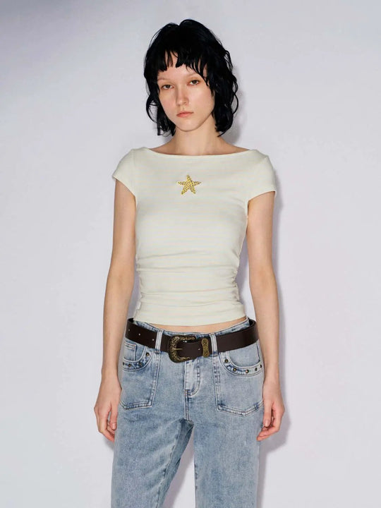 Striped Embroidered Ruched Cotton T Shirt