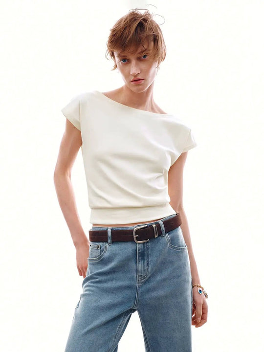 One Shoulder Ruched Skinny Fit T-Shirts Women Casual Everyday Essential Stretch