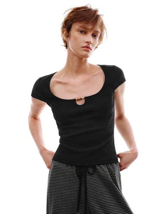 Cotton Keyhole Bead Detail T-Shirt