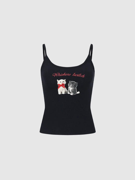 Cat Graphic Ribbed Tops With Lyocell Modal Elastane Camisole