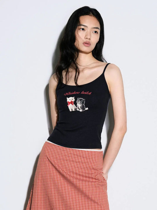 Cat Graphic Ribbed Tops With Lyocell Modal Elastane Camisole