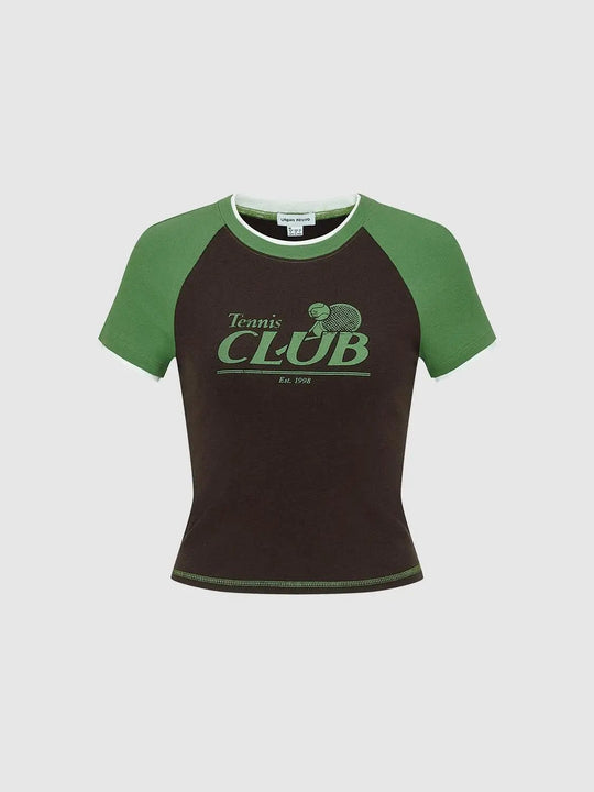 Contrast Raglan Sleeve Tennis Club Graphic Skinny-Fit T-Shirts