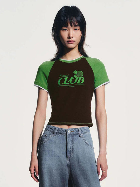 Contrast Raglan Sleeve Tennis Club Graphic Skinny-Fit T-Shirt