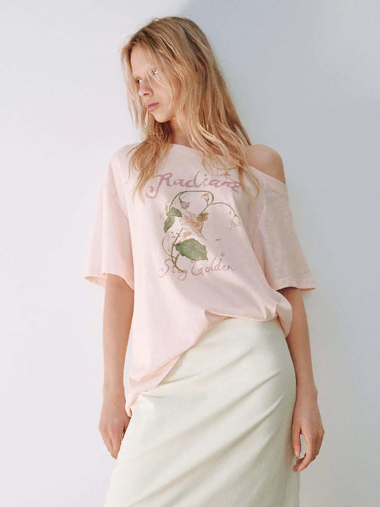 Cotton Relaxed Floral Print Graphic One Shoulder T-Shirt