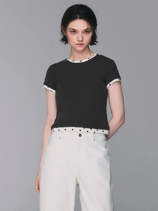 Polka Dot Hem Trim Neckline Cotton T-Shirt