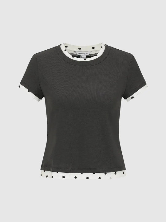 Cotton Polka Dot Hem Trim Neckline T-Shirt