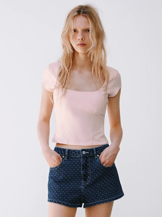 Square Neck Fitted Stretch Cotton T-shirt