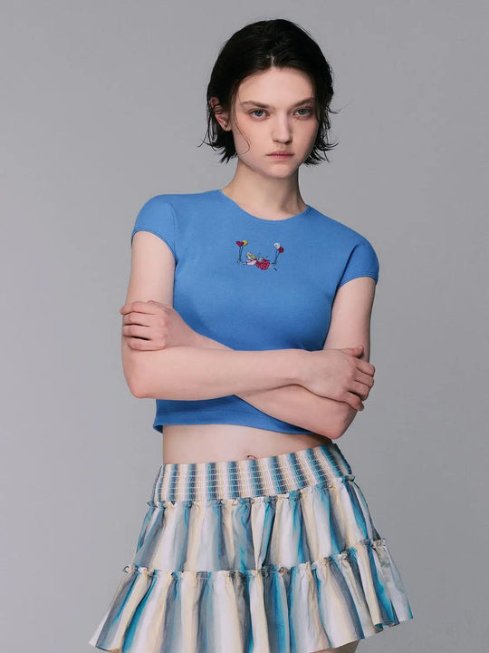 Crew Neck Heart Embroidery Cap Sleeve Cropped T-Shirt