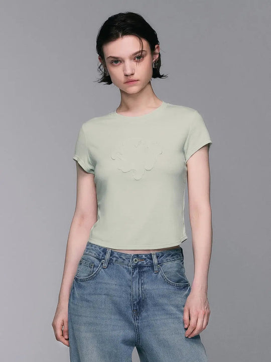 Slim Crew Neck Floral Embroidery Cropped Short Sleeve Top