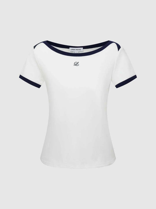 Embroidered L Monogram Navy Trim Cotton Lyocell T-shirt