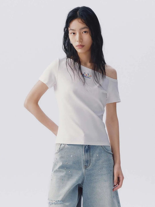 Cotton Embroidered One Shoulder T-Shirt