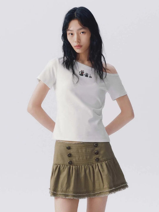 Cotton Embroidered Cat Motif One Shoulder T-Shirt