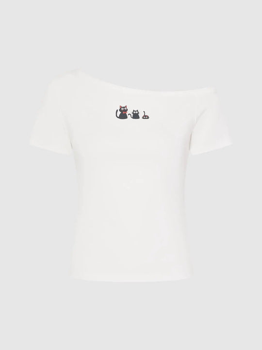 Cotton Embroidered Cat Motif One Shoulder T-Shirt