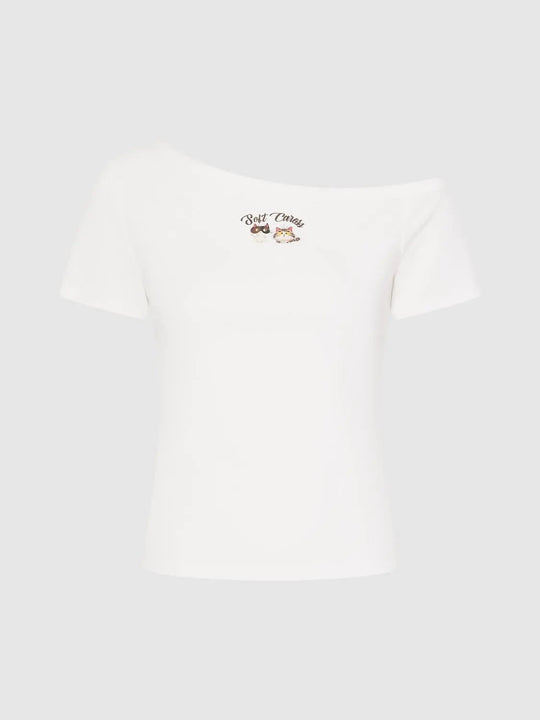 Cotton Blend Embroidered One Shoulder T-Shirts