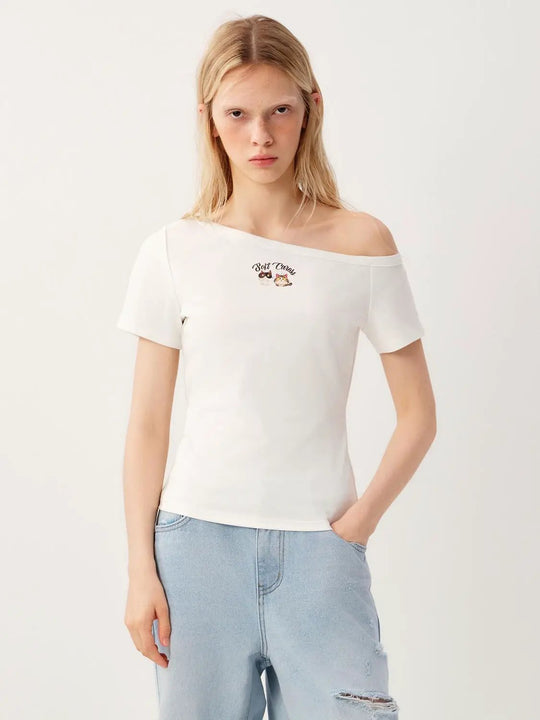 Cotton Embroidered One Shoulder T-Shirt