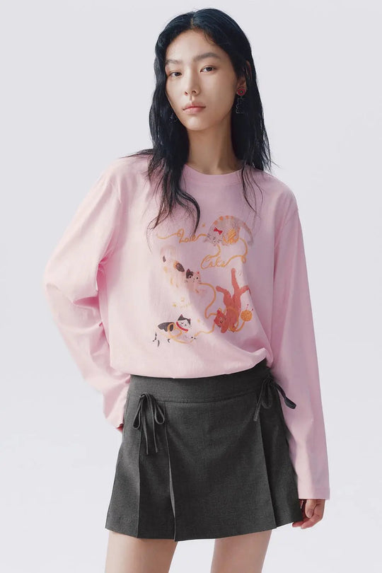 Cat Print Cotton Long Sleeve T-shirt
