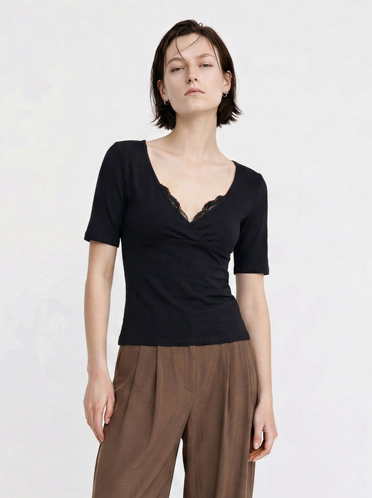 Cotton Jersey Knit Short Sleeve Lace Trim Wrap V-Neck With Draped Front T-shirts