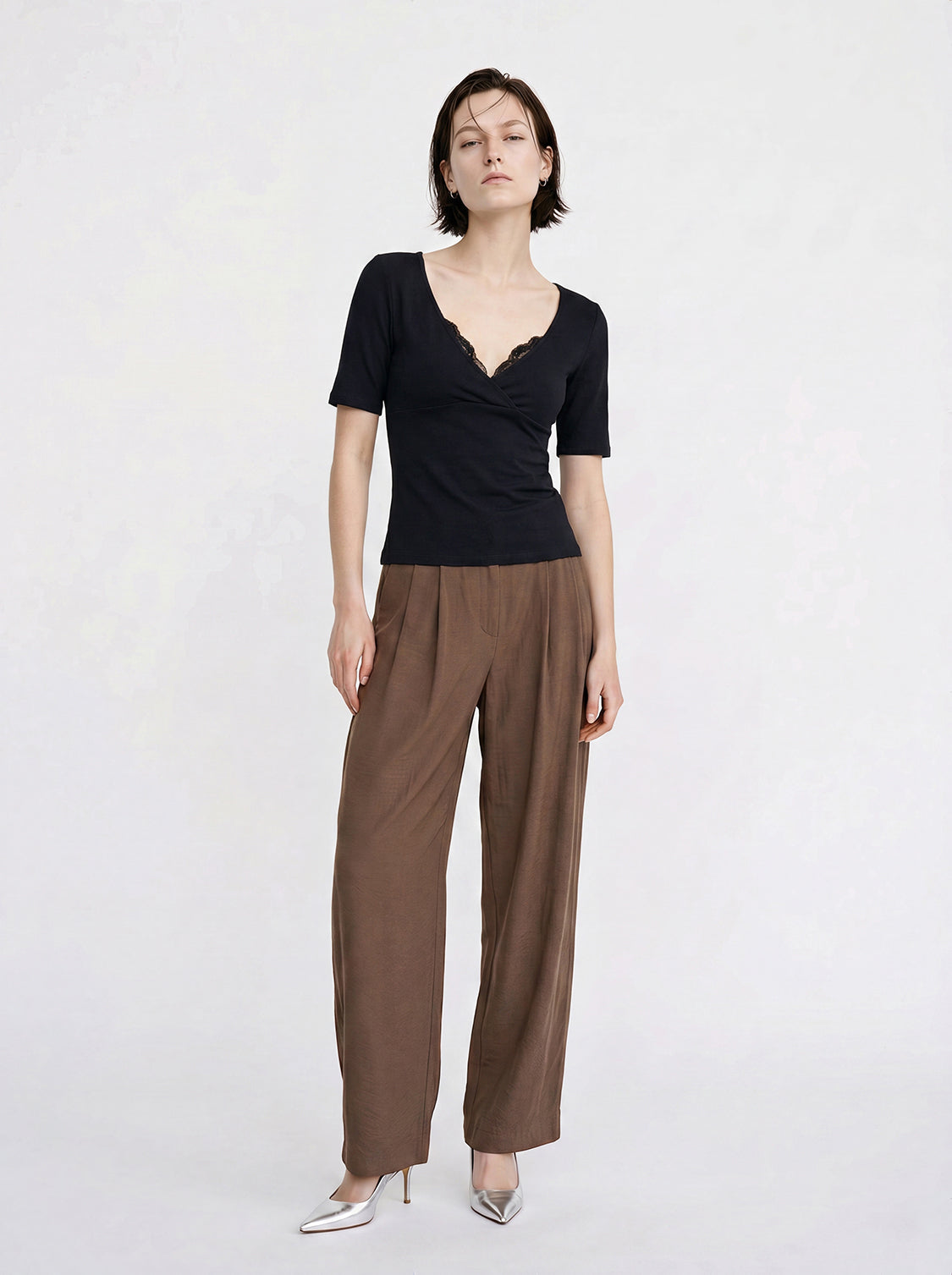 Cotton jersey knit wrap V-neck short-sleeve T-shirt with lace trim and draped front, black