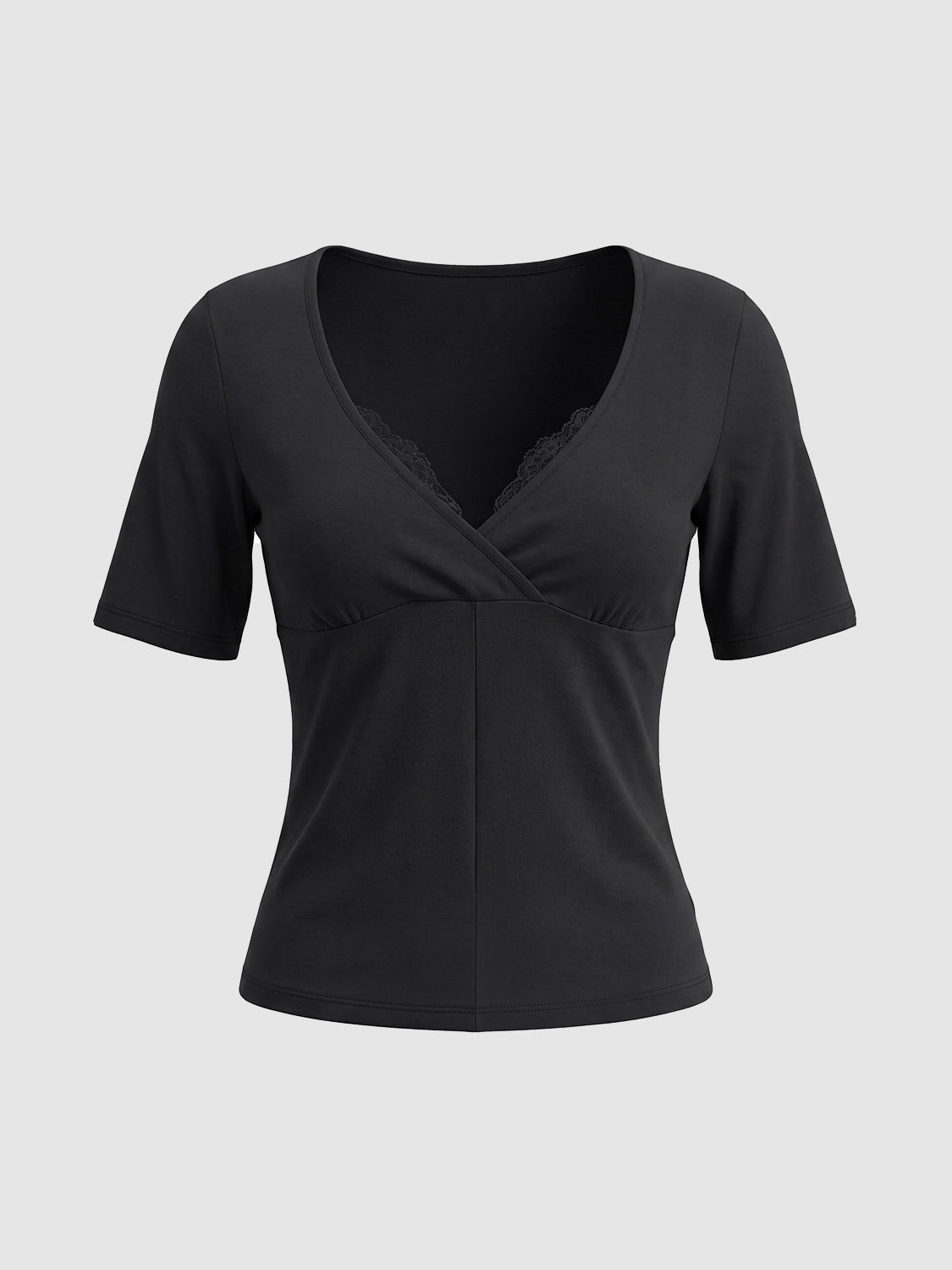 Women's wrap T-shirt in black cotton jersey knit with V-neck, short sleeves, lace trim, and draped front